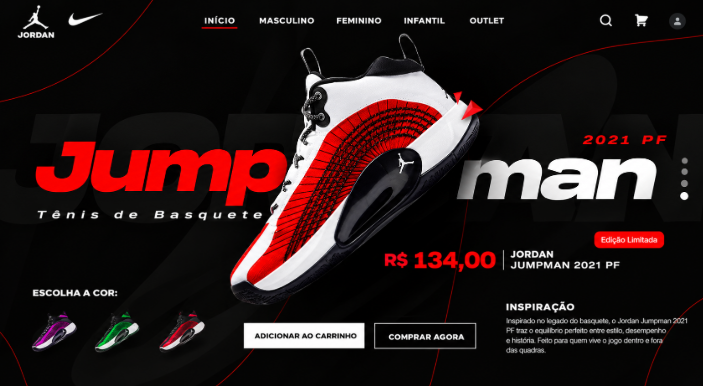 Loja virtual de tênis de basquete Jordan Jumpman 2021 PF, com preço e botões de compra
